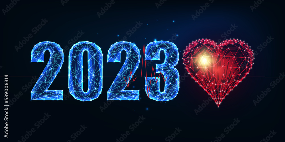 Abstract 2023 health care, medicine industry concept banner with red heart and heartbeat on blue Abstract 2023 health care, medicine industry concept banner with red heart and heartbeat on blue