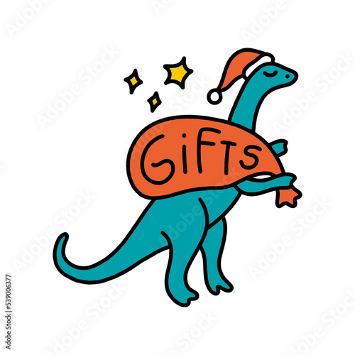 Comic groovy Xmas Santa dinosaur diplodocus with gifts colorful wild animal isolated on white background. Doodle boho Christmas and New Year cartoon doodle character, holiday card, sticker, coloring