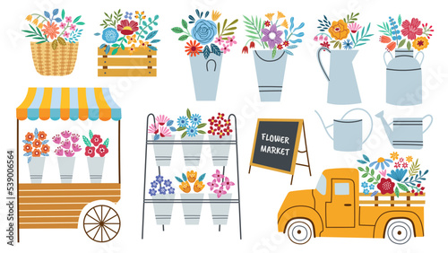 Flower market shop vector illustration set