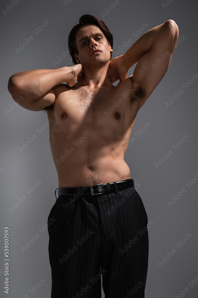 good looking man with muscular body posing in black trousers and looking at camera on grey