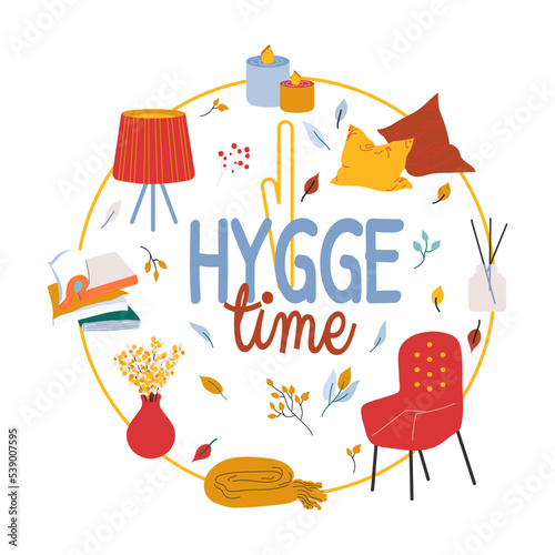 Hygge time concept vector illustration isolated on white background. Stylized wall clock with home decor and leasure time elements. Cute card in bright warm palette 
