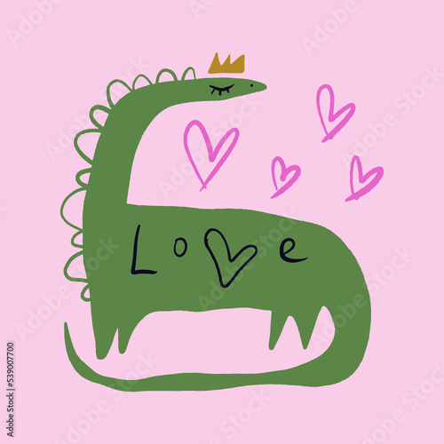 Vector clipart Valentine dinosaur on pink background, postcard, sticker or other. EPS and JPG illustration. Funky doodle trendy print, colorful hand drawn childish cartoon art. Groovy abstract
