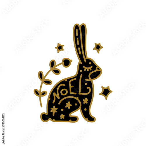 Noel groovy black and gold boho ornate animal rabbit or hare isolated on white background. Doodle boho Christmas and New Year Xmas Scandinavian character, holiday card, sticker, good for enamel pin