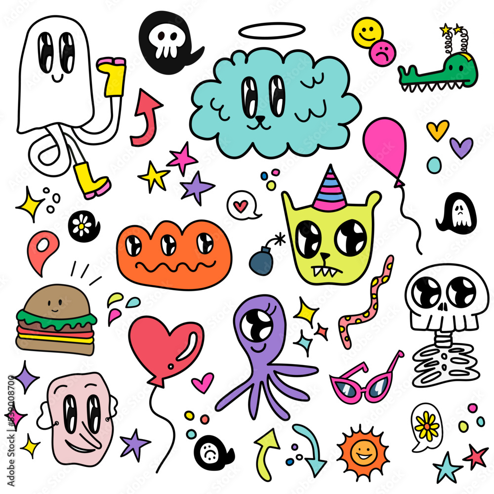 Vector hand drawn illustration. Sticker Pack. Trendy colors. Cartoon Illustration. Birthday, halloween, fun, animals. 
