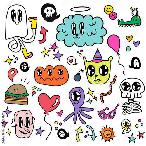 Vector hand drawn illustration. Sticker Pack. Trendy colors. Cartoon Illustration. Birthday, halloween, fun, animals. 