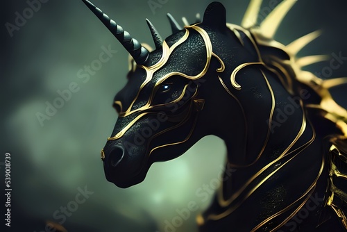 Black horse with a black horn covered with gold