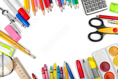 School and office tools. View from above. Isolated on white background