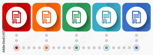 Certificate vector icons, infographic template, set of flat design diploma symbols in 5 color options