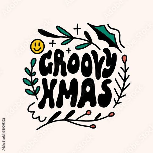 Groovy Xmas Noel and New Year hippie psychedelic lettering text. Hippy doodle typography print, Christmas poster. 70s retro festival style. Vector clipart illustration.