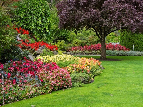 Flower bed with red, orange and yellow flowers