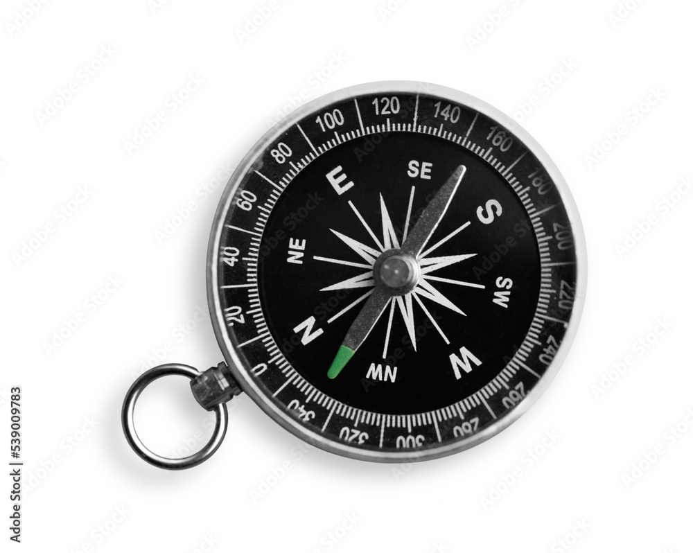 Metal antique compass on white background