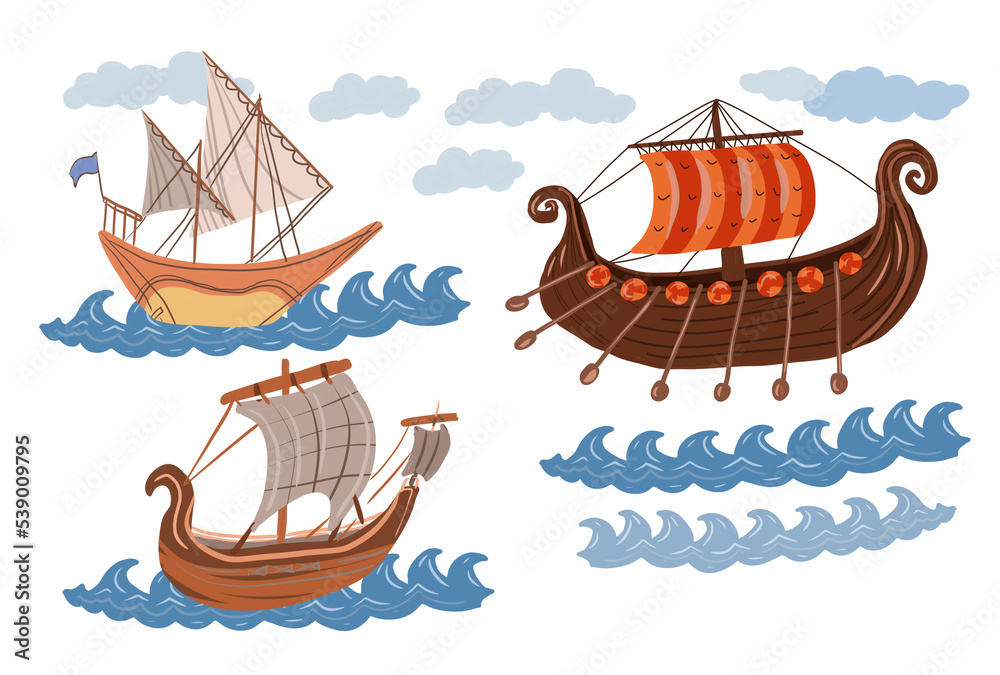 Old ships viking ship boats sails sore waves masts oars history ancient times style cartoon hand drawn cute children's illustration sketch set separately on white background