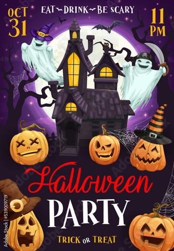Halloween holiday flyer. Cartoon pumpkin lanterns, flying ghosts and midnight castle. Halloween party promo poster or vector leaflet with Jack o lantern faces, scary house with ghosts characters