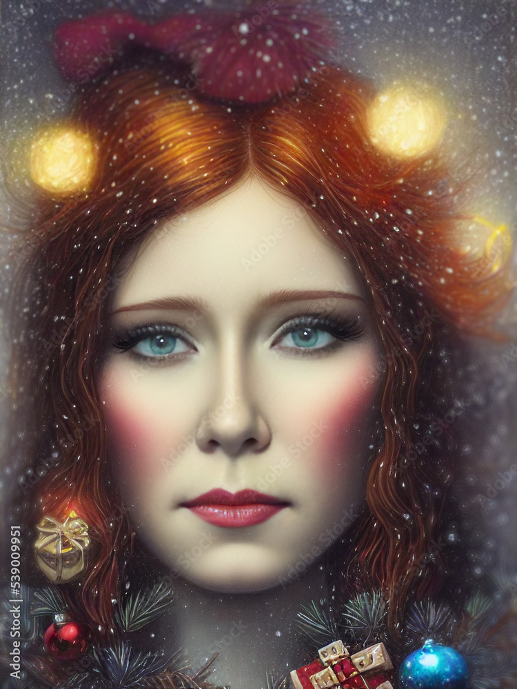 Christmas themed portrait of a beautiful girl with Christmas ornaments. Winter scenery. Ai generated illustration with custom trained model with model release and reference images 