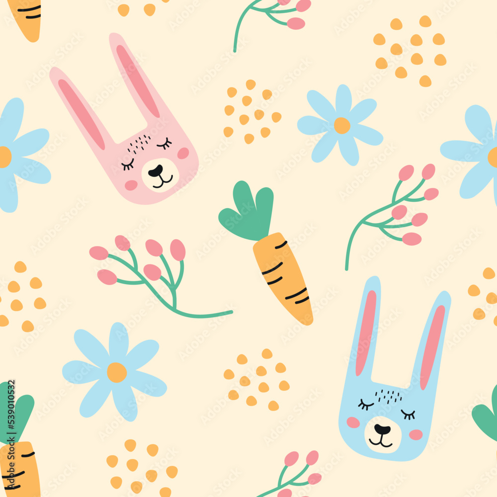 Cute seamless floral pattern with bunnies and carrots. Pattern for fabric, notepads, clothing and packaging. Vector background.	