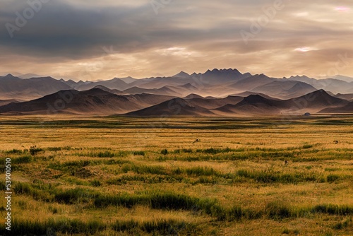Nomad lifestyle and traveling on prairie landscape photo