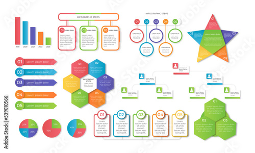 Set Vector infographic 6 steps, year graphic, star graphic, percent circle, presentation elements green yellow red blue color. 5 step element 