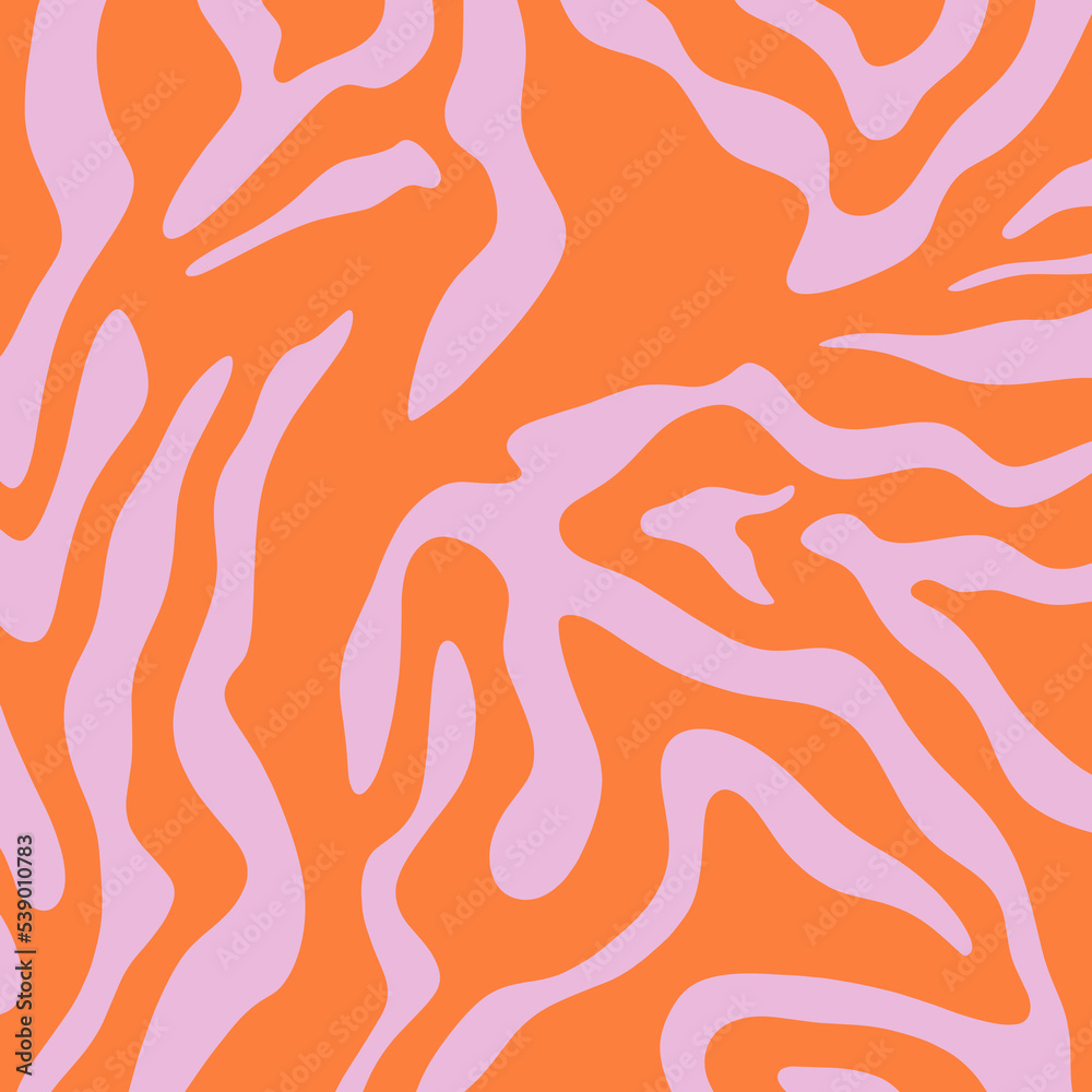 Groovy abstract zebra or tiger animal pink and orange stripes 1960s vector illustration liquid lines. Vintage trippy lucidity style sixties retro bright color background wallpaper. Poster, gift card