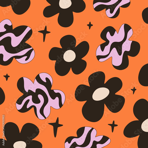 Groovy hippie psychedelic flowers colorful background. Doodle summer 60s and 70s retro festival hippy pattern surface. Vector clipart illustration.