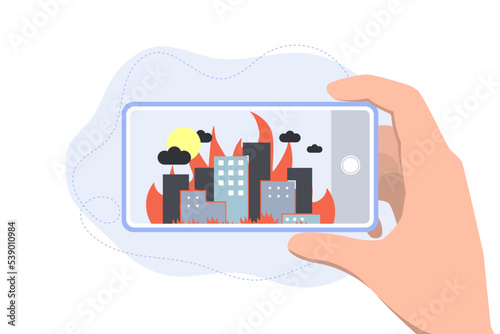 Concept of a fire in the city. Destruction due to the fall of the rocket