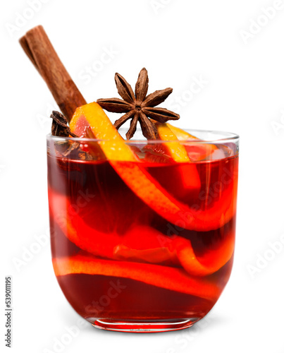 Mulled wine in glass isolated on white background photo