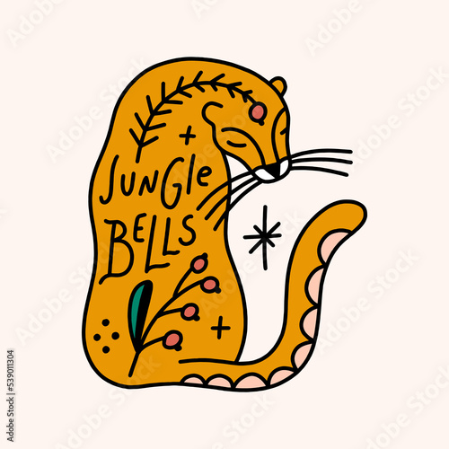 Groovy comic Xmas colorful wild animal cat isolated on color background. Jungle Bells text. Doodle boho Christmas and New Year cartoon doodle character, holiday card, sticker, coloring decor element