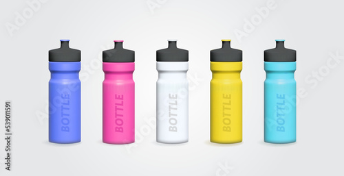 Collection matte plastic sports water bottle. Photorealistic packaging mockup template. Vector 3d