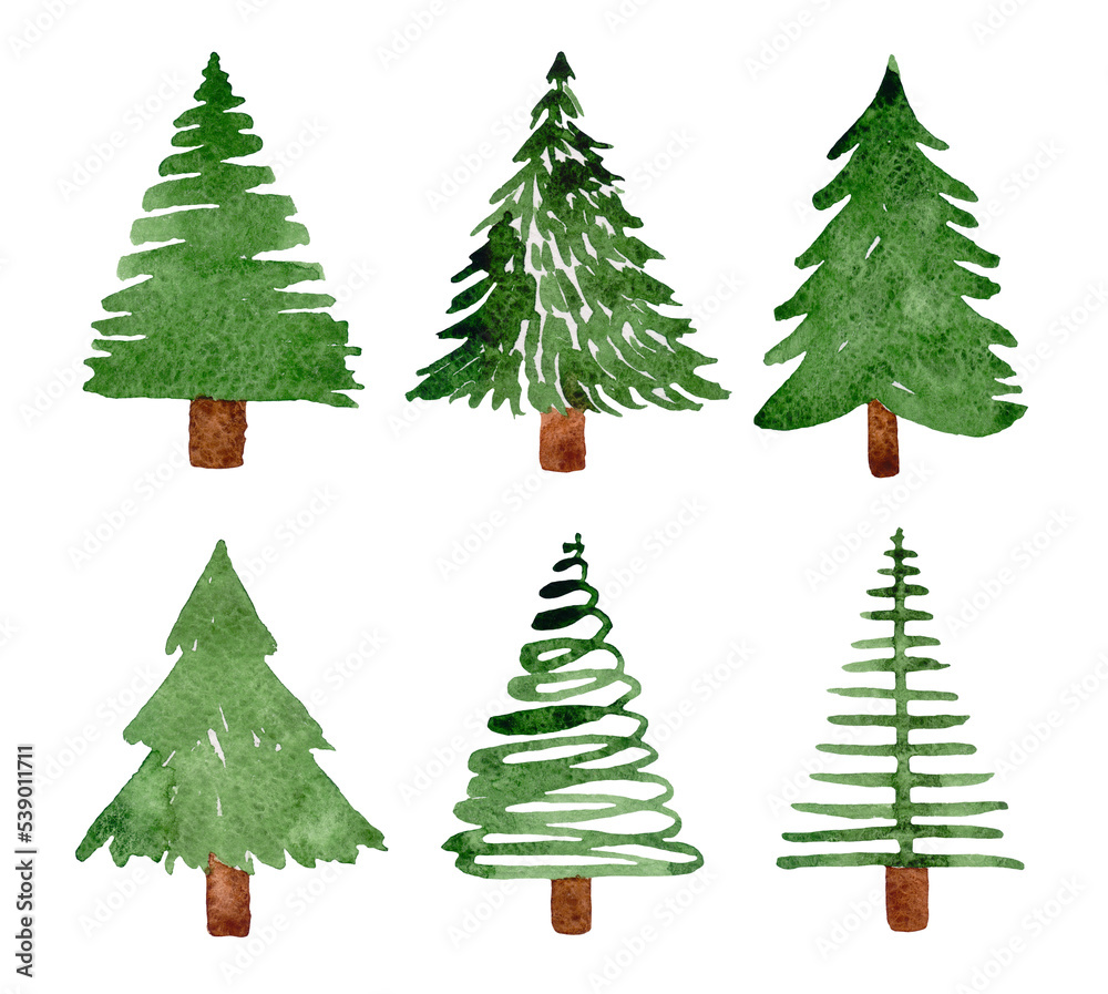 Watercolor christmas tree set on white background.