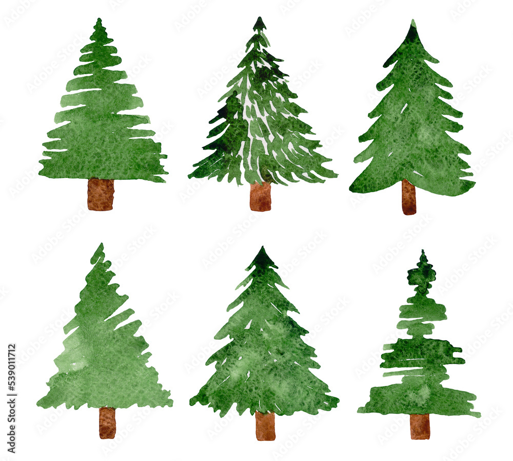 Watercolor set of christmas trees isolated on white background.