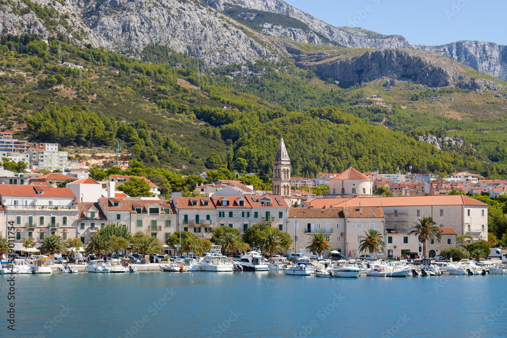 The town of Makarska, Split-Dalmatia, Croatia as seen from the Adriatic Sea.