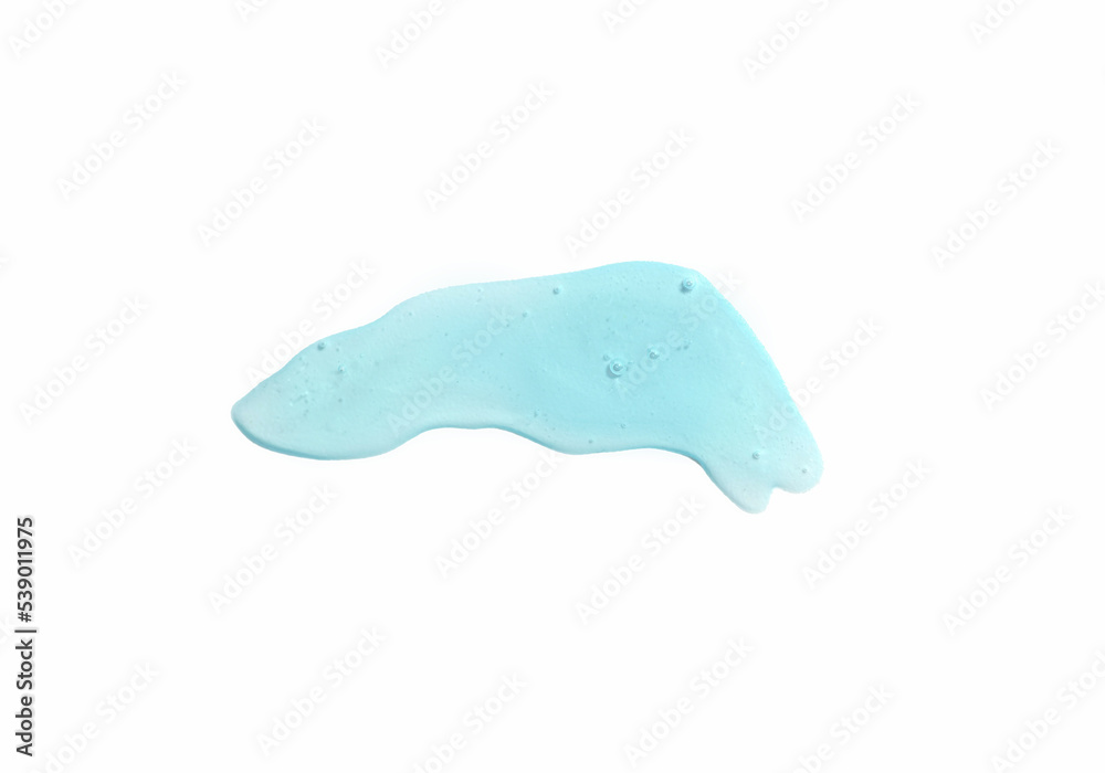 Blue cosmetics gel, serum or peeling drop isolated on white background. Oily slime with air bubbles in the sunlight. High contrast trendy beauty pattern. Health protection and self-care concept.