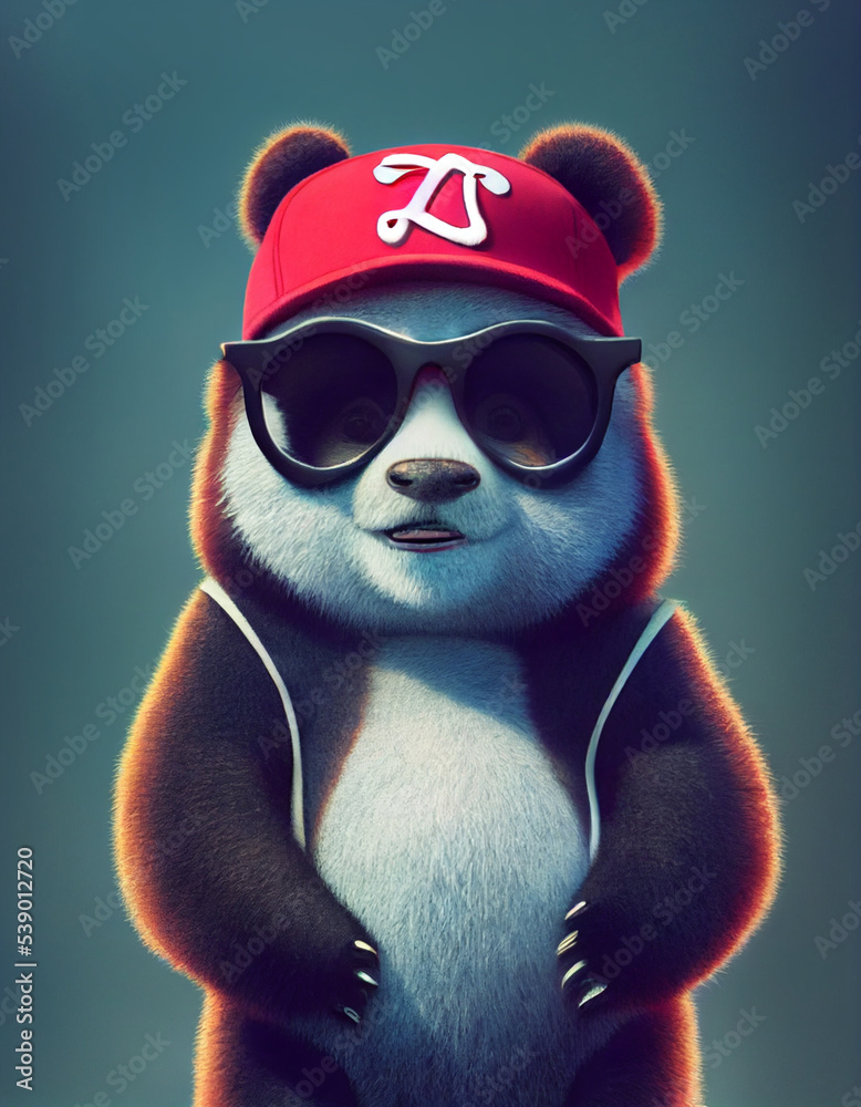 Fototapeta premium Portrait of a cool and cute white and black panda bear. Posing at a photoshoot in Hiphop clothes with a colored background