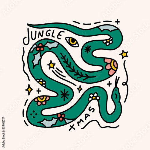 Groovy comic Xmas funny snake wild animal isolated on color background. Doodle boho Christmas and New Year cartoon doodle character, holiday card, sticker, coloring decor element. Vector clipart