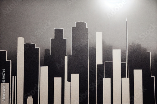 black and white city skyline painting on the wall 
