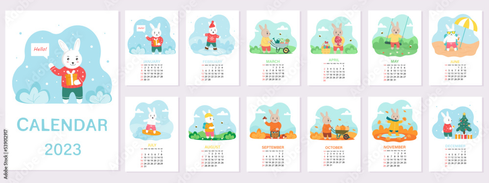 Calendar 2023 template with cute rabbit. Design of calendar with a symbol of the new year. 12 months and four seasons. Vector illustration