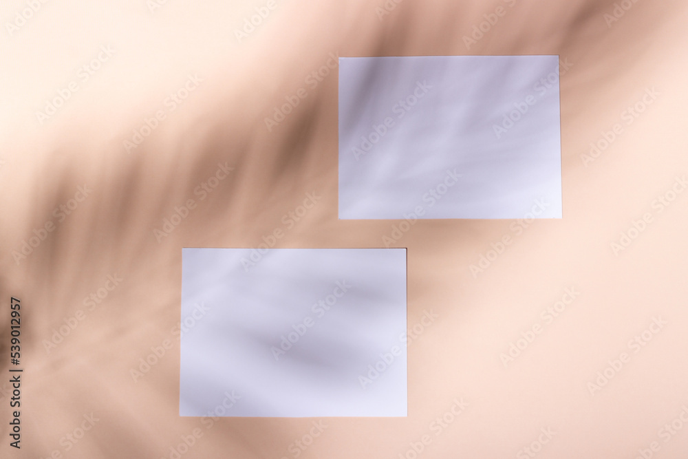 Mockup with blank horizontal sheets of paper with copy space. Hard sunlight and shadows on a white background with palm leaves. Template for business layout. Top view, flat lay Mockup with blank horizontal sheets of paper with copy space. Hard sunlight and shadows on a white background with palm leaves. Template for business layout. Top view, flat lay
