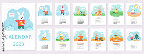 Calendar 2023 template with cute rabbit. Design of calendar with a symbol of the new year. 12 months and four seasons. Vector illustration