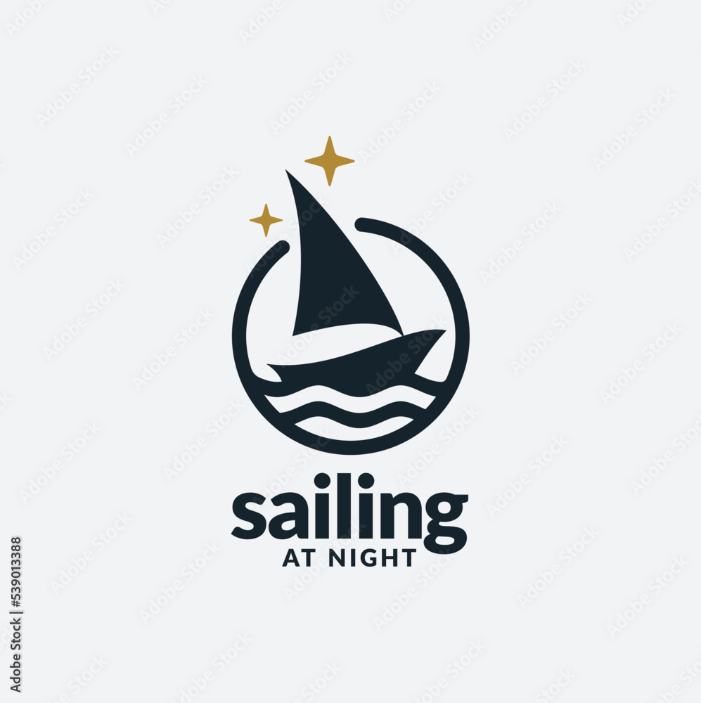 Ship Boat with Stars for Sailing at Night, Fisherman Sailboat on the Ocean Sea Wave Silhouette logo design Ship Boat with Stars for Sailing at Night, Fisherman Sailboat on the Ocean Sea Wave Silhouette logo design