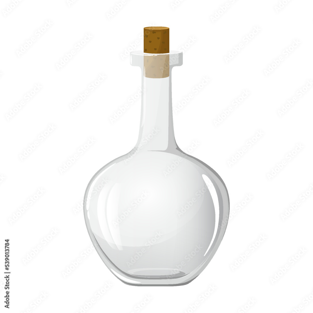 Empty glass bottle with cork stopper for water, wine or oil. Magic blank vessel for potions. Empty jar for milk, vinegar or juice. Flat design vector illustration isolated on white background Empty glass bottle with cork stopper for water, wine or oil. Magic blank vessel for potions. Empty jar for milk, vinegar or juice. Flat design vector illustration isolated on white background
