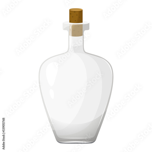 Empty glass bottle with cork stopper for water, wine or oil. Magic blank vessel for potions. Empty jar for milk, vinegar or juice. Flat design vector illustration isolated on white background