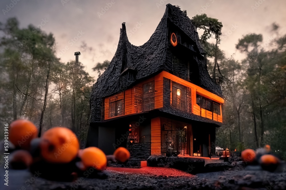 Obraz premium Black and orange house with Halloween theme, 3d render