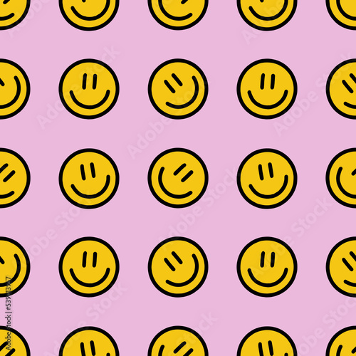 Groovy smiley emoji vector seamless pattern, pink and yellow colors. Trippy lucidity 1960s style vintage sixties retro bright background wallpaper. T-shirt design, pillow print, stationery, wrapping