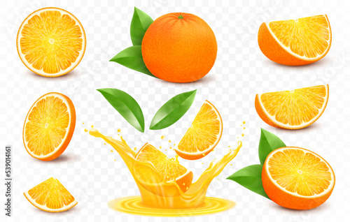 Fresh orange fruits whole and slices, splashes of orange juice. 3d realistic vector icon set, isolated on transparent background