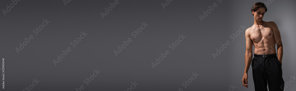 good looking man with muscular body posing with hand in pocket of black trousers on grey, banner good looking man with muscular body posing with hand in pocket of black trousers on grey, banner