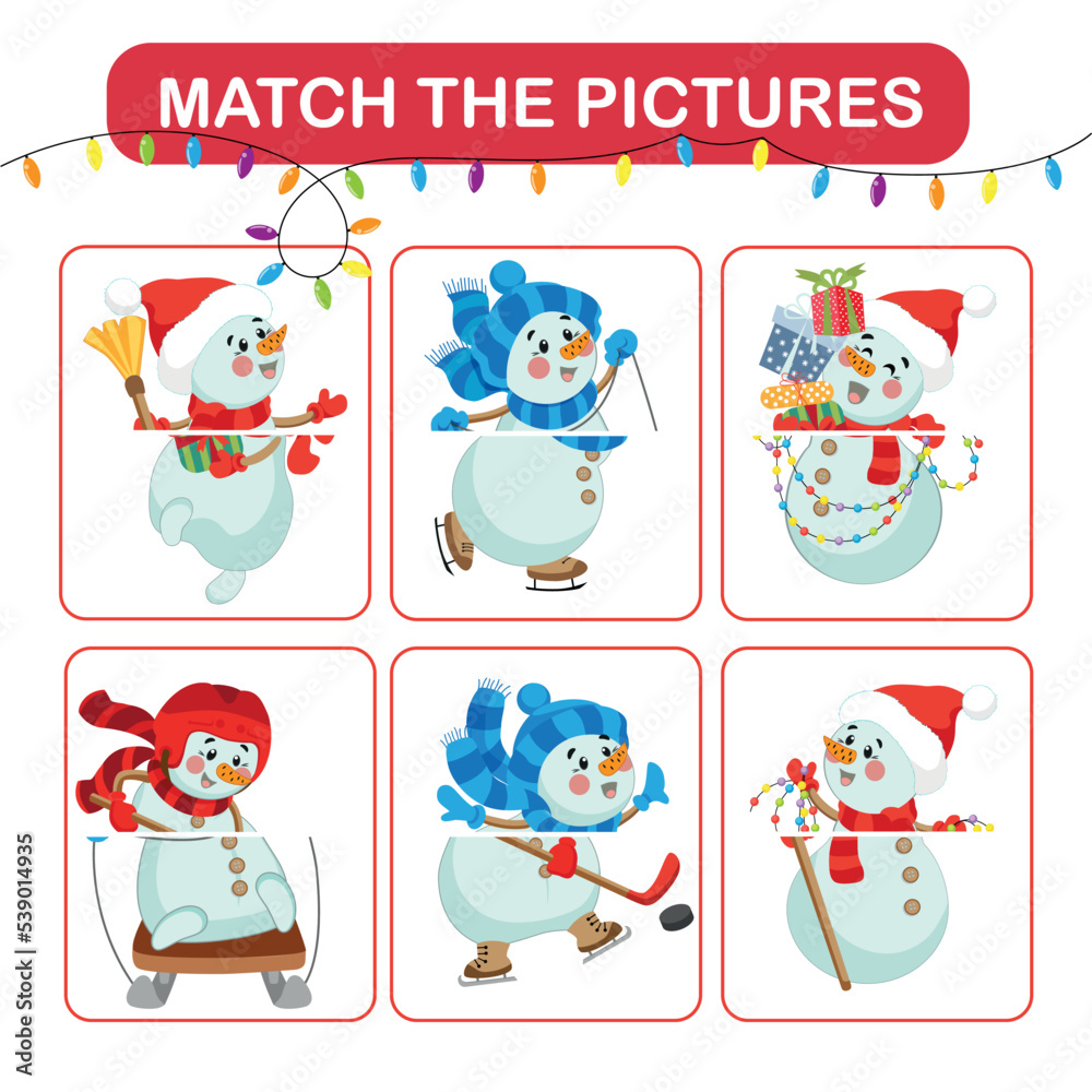 children's educational Activity game. Connect the parts of the snowmen