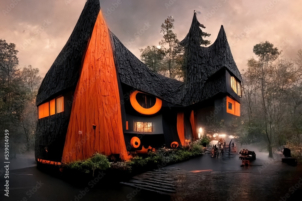 Obraz premium Black and orange house with Halloween theme, 3d render