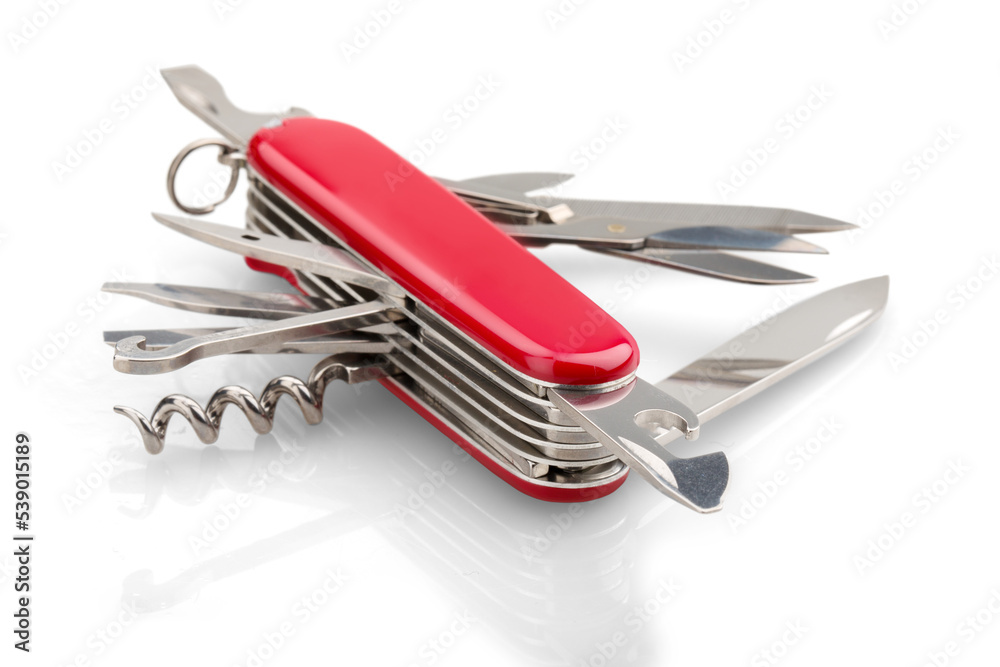 Multipurpose knife isolated on white with all neccessary tools all in one Multipurpose knife isolated on white with all neccessary tools all in one
