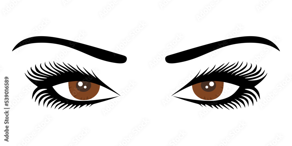 Illustration of a luxurious female brown eye with perfectly shaped eyebrows and full eyelashes. Hand drawn brown eyes idea for business card, typography vector. Perfect view of the salon. Vector Illustration of a luxurious female brown eye with perfectly shaped eyebrows and full eyelashes. Hand drawn brown eyes idea for business card, typography vector. Perfect view of the salon. Vector