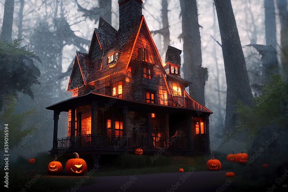 Obraz premium Black and orange house with Halloween theme, 3d render