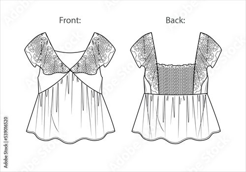 Vector sleeveless top with ruffles fashion CAD, woman tank top with frills and lace details technical drawing, template, sketch, flat. Jersey or woven fabric top with front, back view, white color